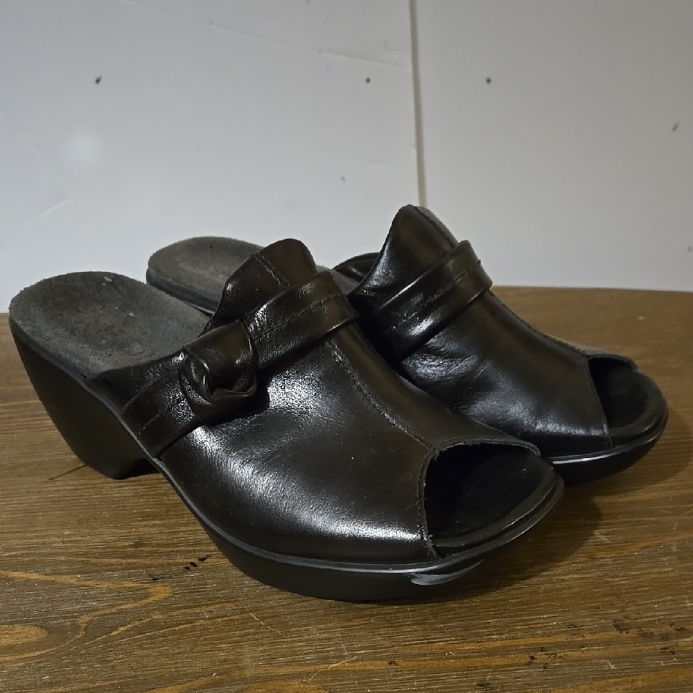 Black Leather Mule Wedge Shoes